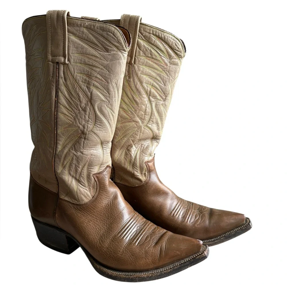 Justin Boots Two-Tone Brown and Cream Western Cowboy Boots
